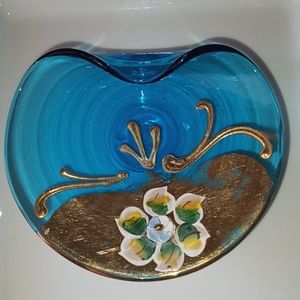 Vintage Italian Murano Glass Tricket Dish with a Gilt and Porcelain Flowers..
